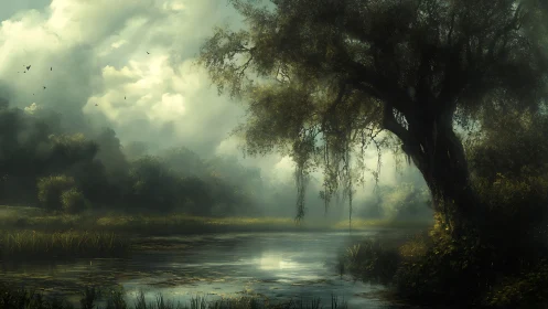 Misty riverside grove where quiet light and shadows linger.