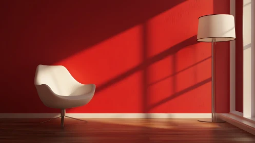 White lounge chair and floor lamp against bold red wall.