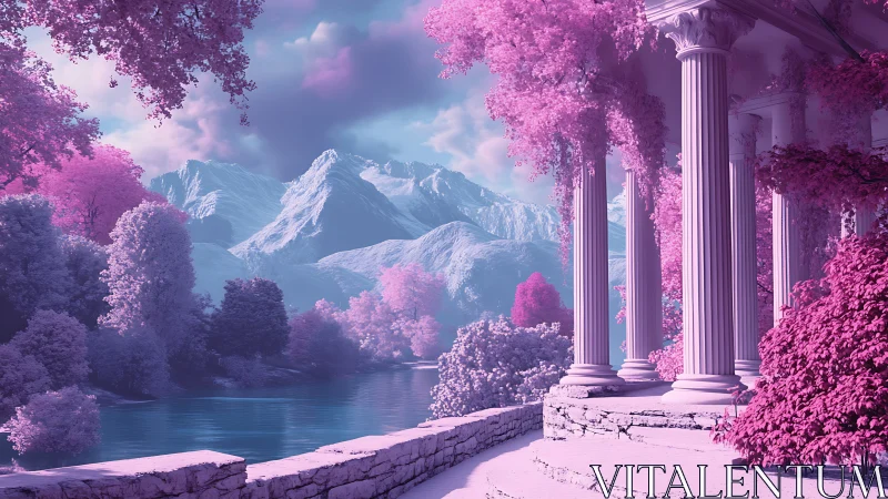 Classical colonnade beside river in pink alpine landscape.