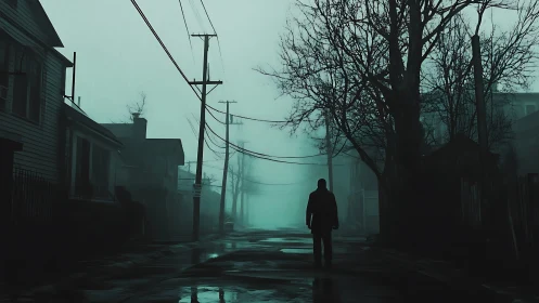 Solitary figure on wet foggy residential street at dusk.