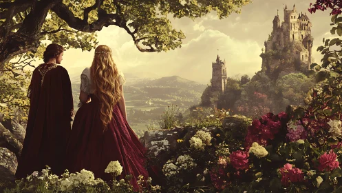 Medieval couple observing distant hilltop castle at sunset