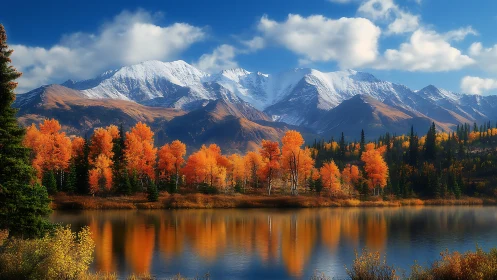 Mountain range with autumn forest reflected in lake surface.