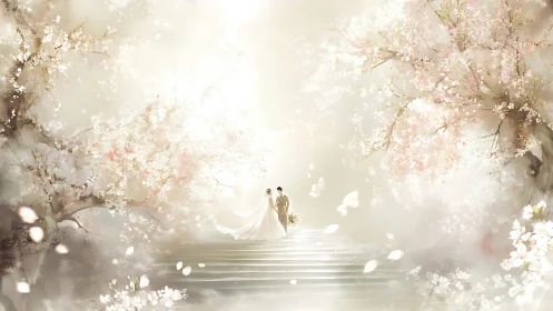Soft springtime wedding couple walks through blooming light