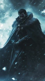 Brooding ice warrior in heavy fur cloak amid blizzard.