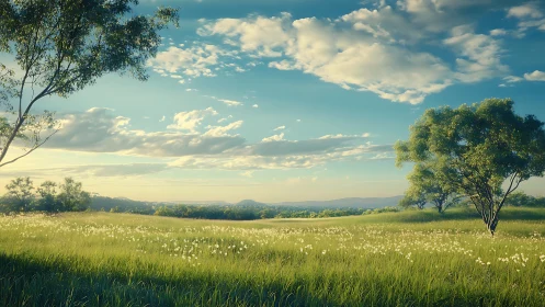 Photorealistic pastoral meadow under expansive cloud-laced sky.