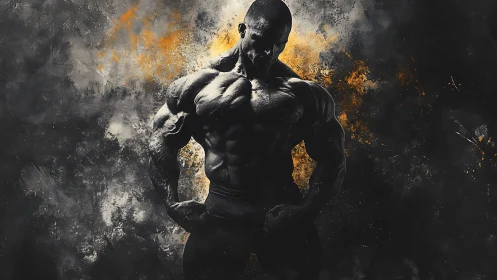 Muscular silhouette with dynamic orange smoke backdrop.
