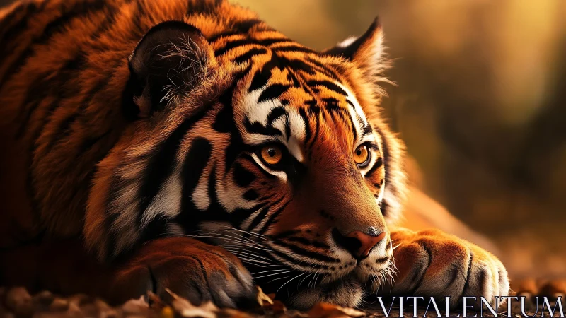 Gentle dusk watcher, resting tiger in golden quiet.