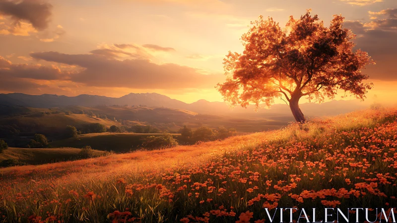 Golden sunset tree overlooking a peaceful flowered valley.