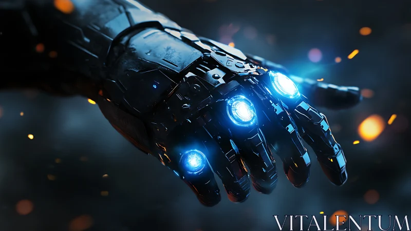 Futuristic armored cybernetic hand emits blue energy light