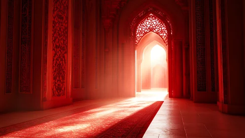 Sunlit red arches inviting a quiet, glowing inner journey.