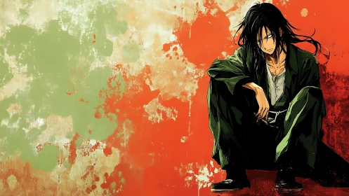Brooding anime figure against distressed bicolor abstract backdrop