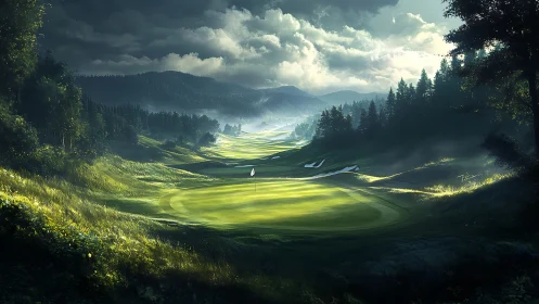 Sunlit golf green in misty conifer valley under storm-lit clouds