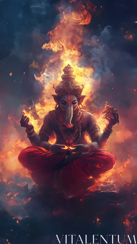 Ganesh in radiant fire meditation, luminous divine aura.