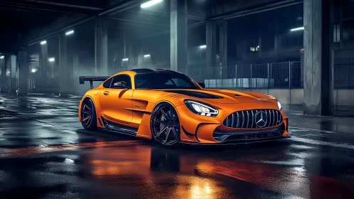 Orange widebody sports car stands under wet urban overpass