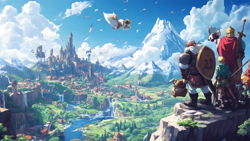 Fantasy adventurers observing mountain city landscape.