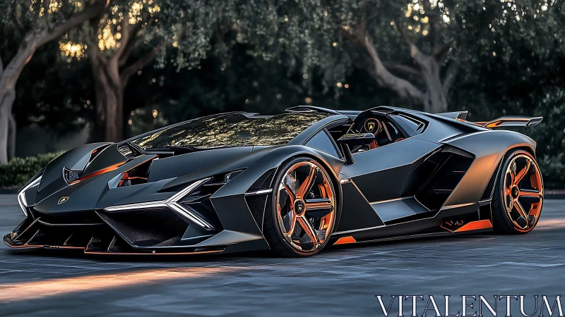 Low-angle view of futuristic matte black sports car outdoors.