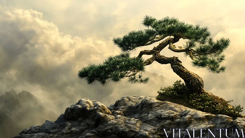 Stoic cliffside pine whispering above wandering golden clouds.