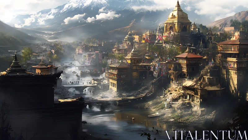 Mountain valley river city shows dense temples and golden stupa