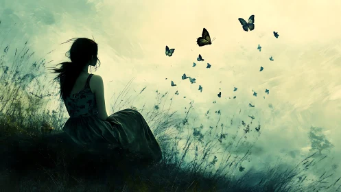 Girl watches butterflies drift through misty twilight field.