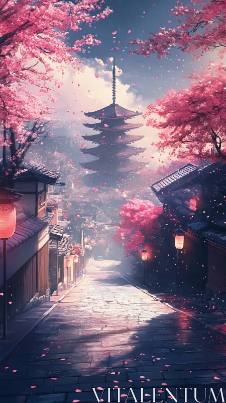 Twilight cherry blossom avenue framing distant pagoda tower.