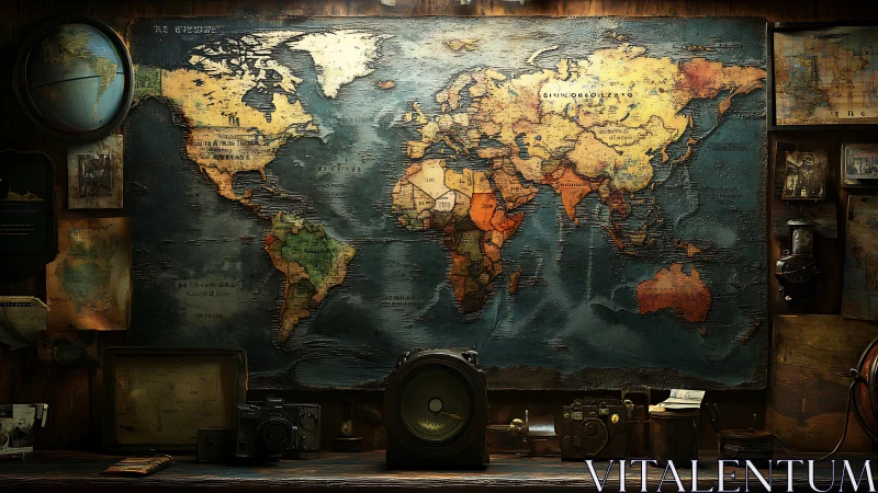 Wall-mounted world map above desk with assorted instruments.