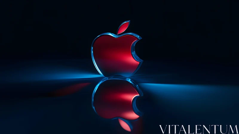 Glossy red Apple logo with blue neon reflection, digital art style.