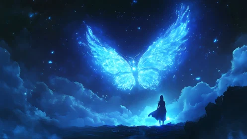 Silhouetted figure observing luminous butterfly in clouds.