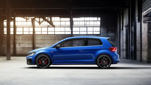 Photorealistic side profile of blue hatchback in industrial hall.