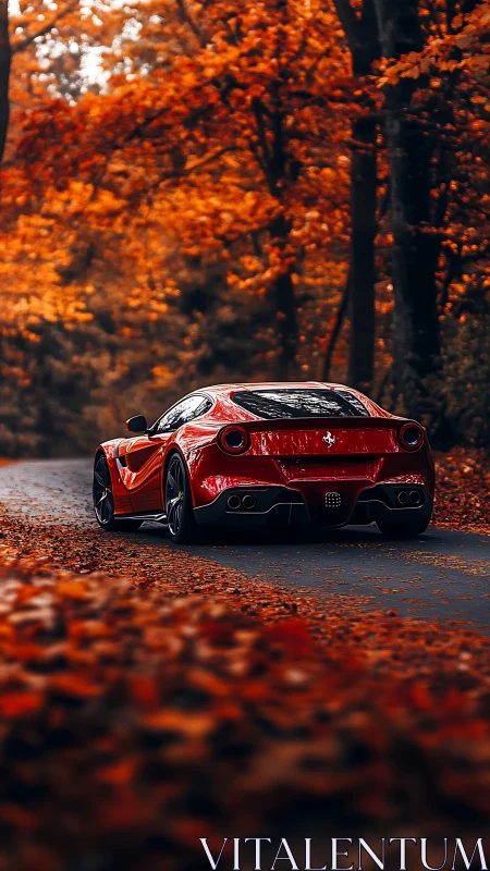 Red supercar glides through a quiet autumn forest road.