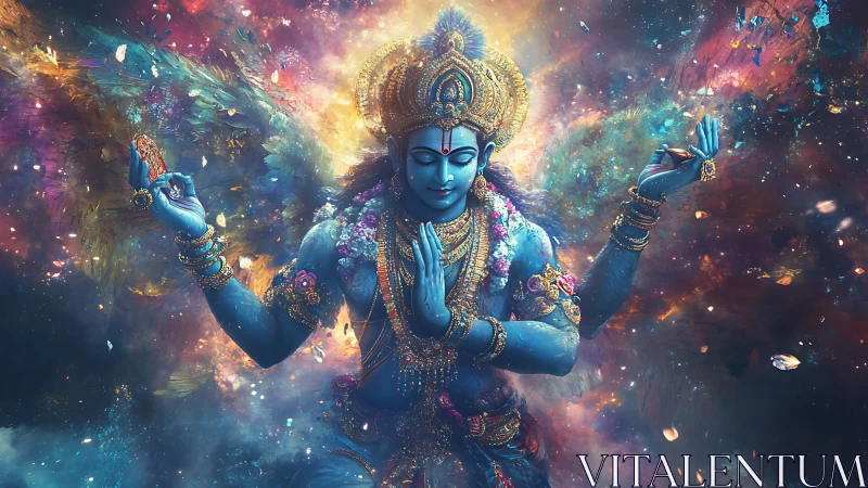 Multilimbed blue deity figure is centered within a nebula
