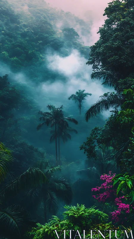 Mist-laced tropical jungle dreams in emerald and rose hush.