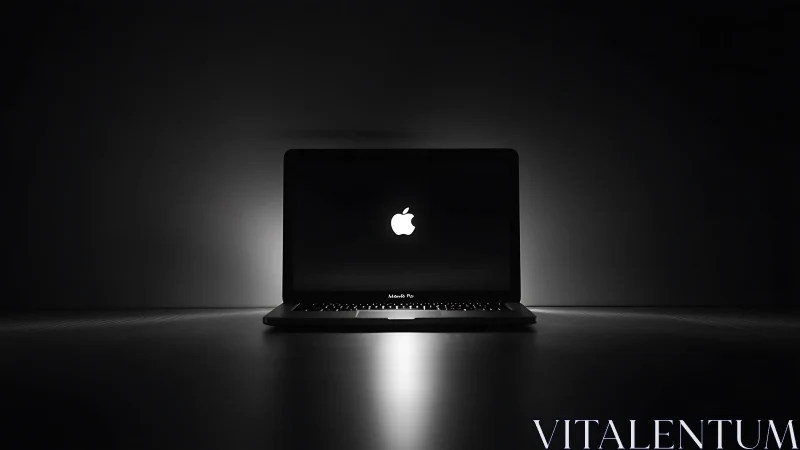 Laptop sits centered in dark room with glowing logo visible