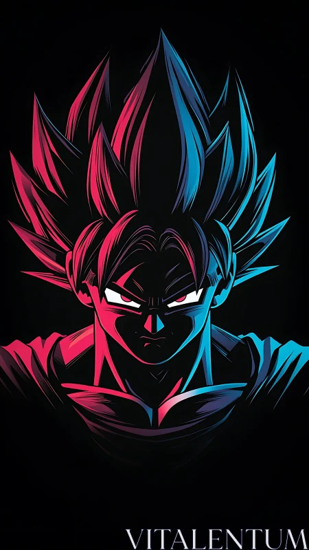 Neon-lit anime warrior portrait in dual red cyan glow.