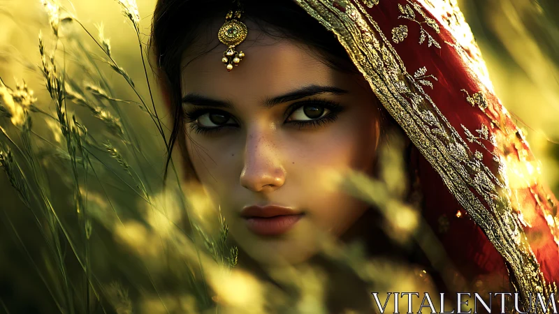 Woman in red embroidered veil looks through sunlit grass