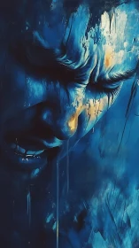 Blue expressionist portrait with anguished melting face.