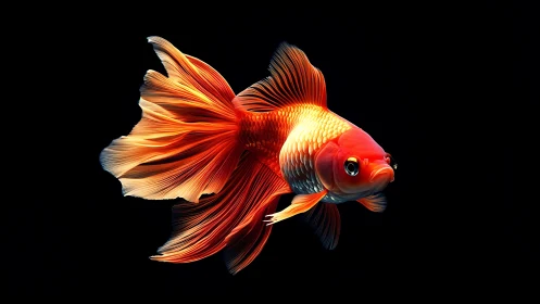 Radiant goldfish glows against deep black aquatic void