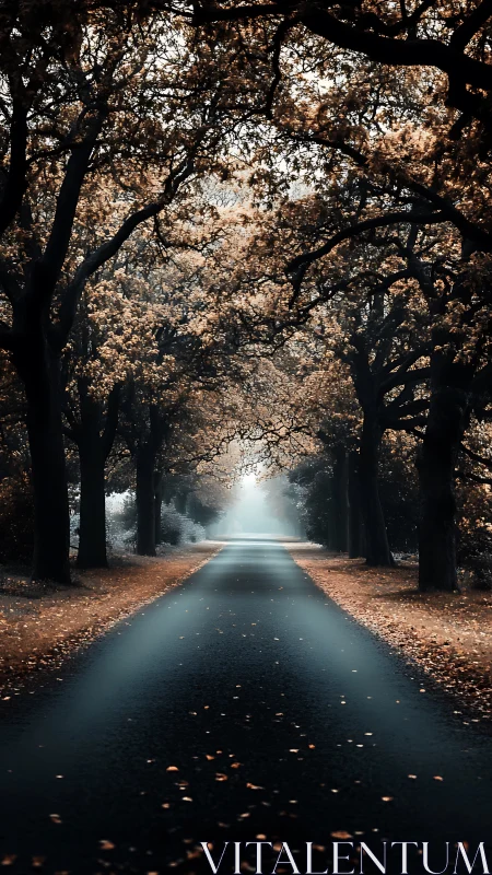 Autumnal Tree-Lined Avenue with Misty Horizon and Golden Leaf Carpet