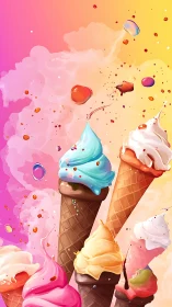 Colorful ice cream cones against bright gradient background.
