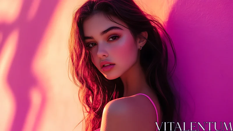 Young woman in neon sunset light leans against pink wall
