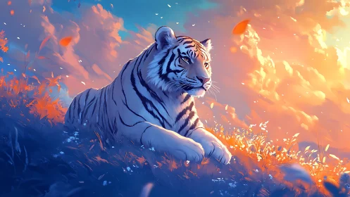 Digital painting of tiger in luminous dusk meadowscape.