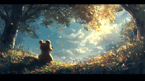 Small bear studies sunlight as autumn leaves perform quietly