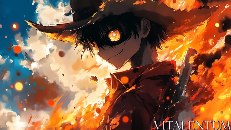 Fiery anime gunslinger with glowing eyes in burning sky.
