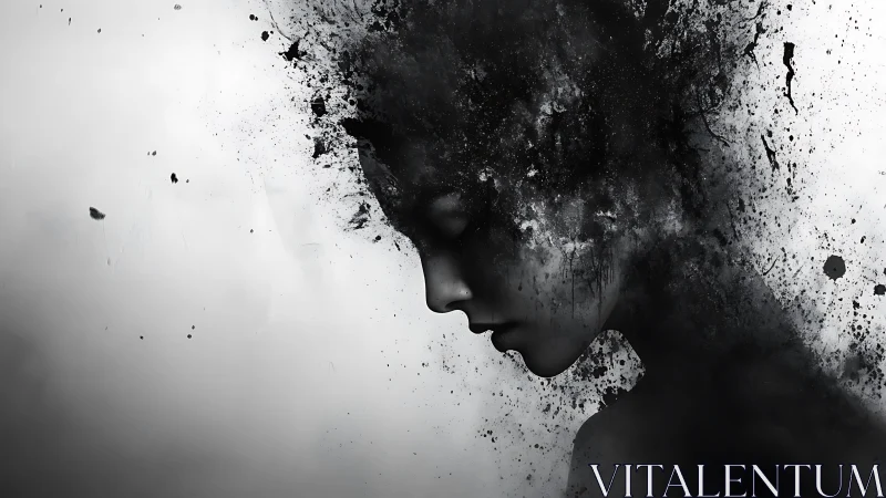 Monochrome profile dissolving into high-contrast ink dispersion field