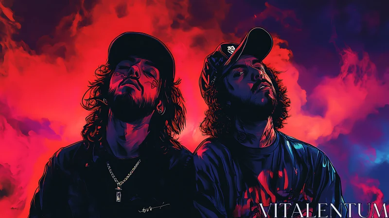 Dual portrait under neon storm clouds in vivid digital render.