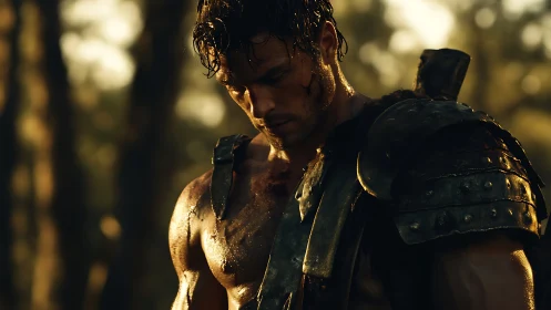 Battle-worn warrior lowers gaze under molten sunset light.
