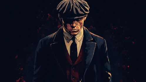 Shadowed gangster in crimson-tinted noir storm of grit.