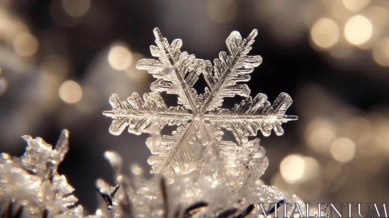 Glittering snowflake crystal glows softly in winter light