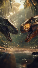 Rival carnivorous dinosaurs clash over misty jungle river