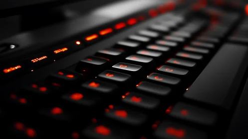 Photorealistic low-angle macro of backlit gaming keyboard.