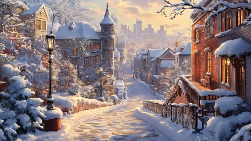 Digital painting of snowy old-town street at golden hour.